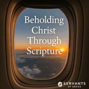 View from an airplane window with light breaking through clouds, overlaid with the words ‘Beholding Christ Through Scripture’ and the Servants of Grace logo.