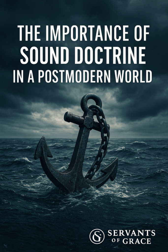 An anchor rising from stormy seas under dark clouds with the title ‘The Importance of Sound Doctrine in a Postmodern World’ and the Servants of Grace logo.