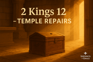 “A wooden chest beside the temple altar illuminated by sunlight streaming through the doorway, symbolizing faithful stewardship and the lesson of 2 Kings 12