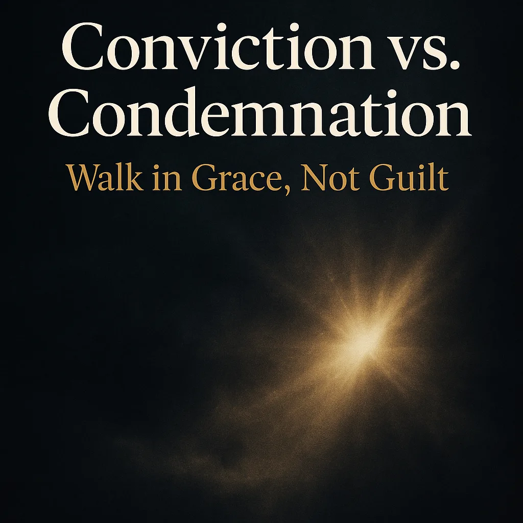“Golden light breaking through dark clouds with the title ‘Conviction vs. Condemnation – Walk in Grace, Not Guilt’ — representing hope and gospel clarity.
