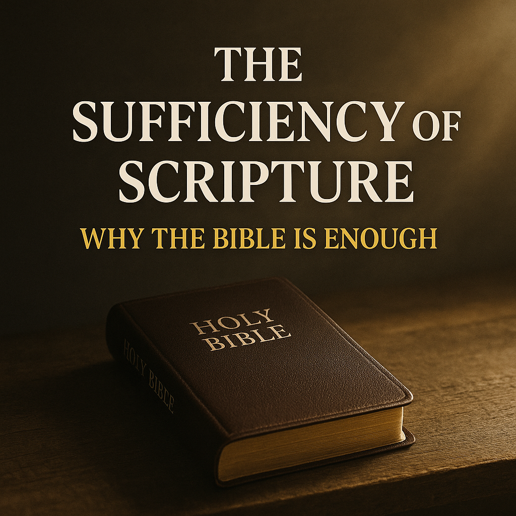 An open Bible resting on a wooden surface, bathed in warm sunlight from the right. Bold white serif text above reads ‘The Sufficiency of Scripture,’ with a yellow subtitle below: ‘Why the Bible Is Enough.’ The image conveys reverence, clarity, and the authority of God’s Word.