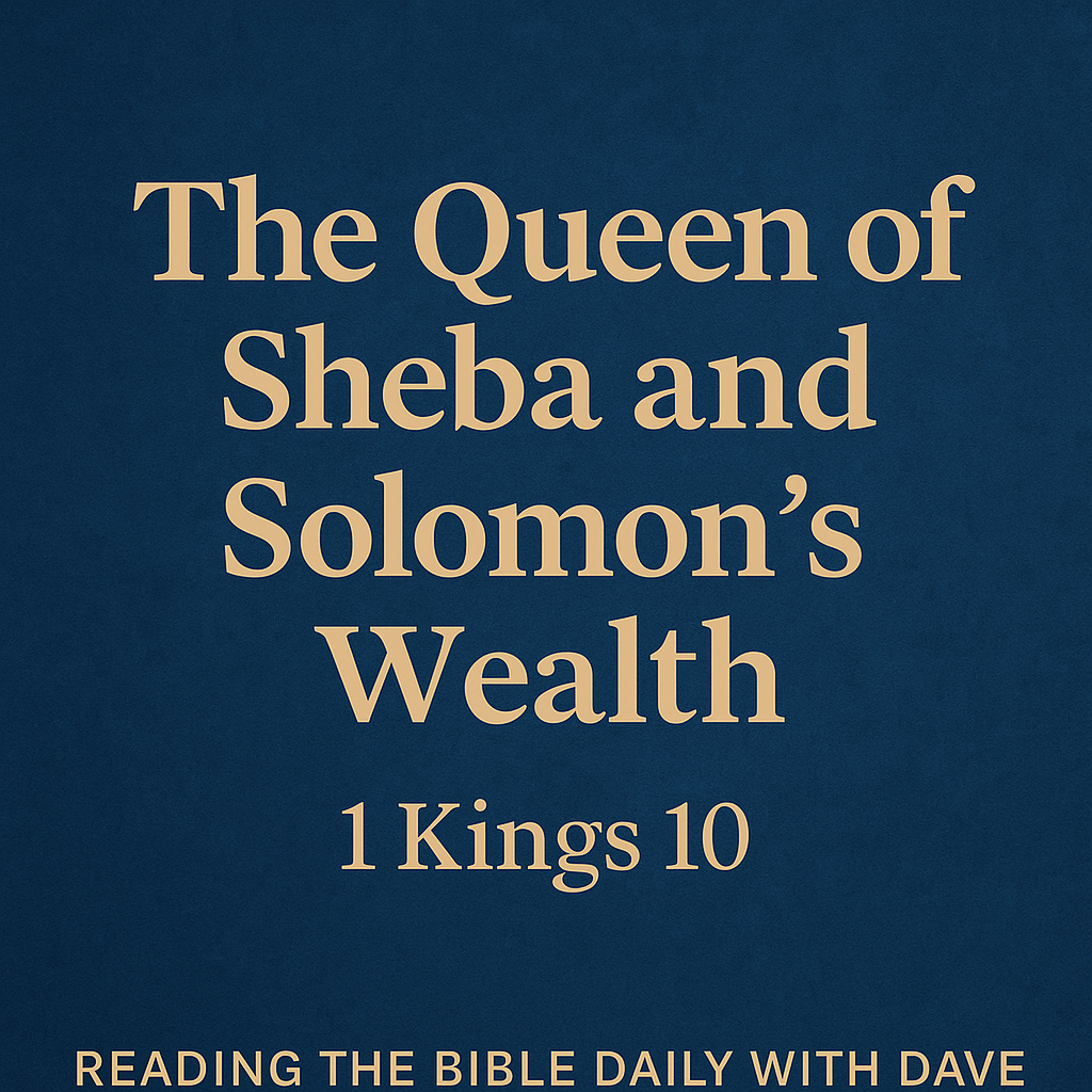 Graphic with the title “The Queen of Sheba and Solomon’s Wealth – 1 Kings 10” in bold beige serif font on a deep blue background. At the bottom, it reads “Reading the Bible Daily with Dave.
