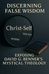 A dark-toned digital graphic featuring a cracked circular mirror with the words “Christ-Self,” “True Self,” and “Wisdom” fractured across its surface. A closed Bible rests beside the mirror. At the top of the image, large text reads “Discerning False Wisdom,” and at the bottom, the subtitle says “Exposing David G. Benner’s Mystical Theology.” The overall tone is somber, conveying theological discernment and critique.