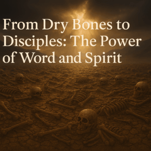 Valley of dry bones under dramatic clouds with sunlight breaking through – titled ‘From Dry Bones to Disciples: The Power of Word and Spirit’