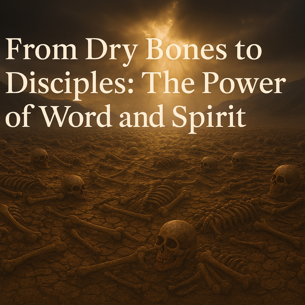 Valley of dry bones under dramatic clouds with sunlight breaking through – titled ‘From Dry Bones to Disciples: The Power of Word and Spirit’