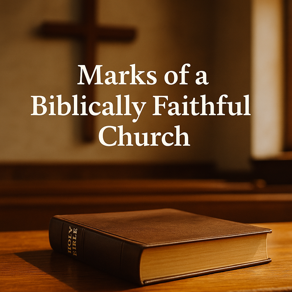 A closed Holy Bible resting on a wooden surface inside a warmly lit church, with a wooden cross in the background and the title 'Marks of a Biblically Faithful Church' displayed above in white serif font.