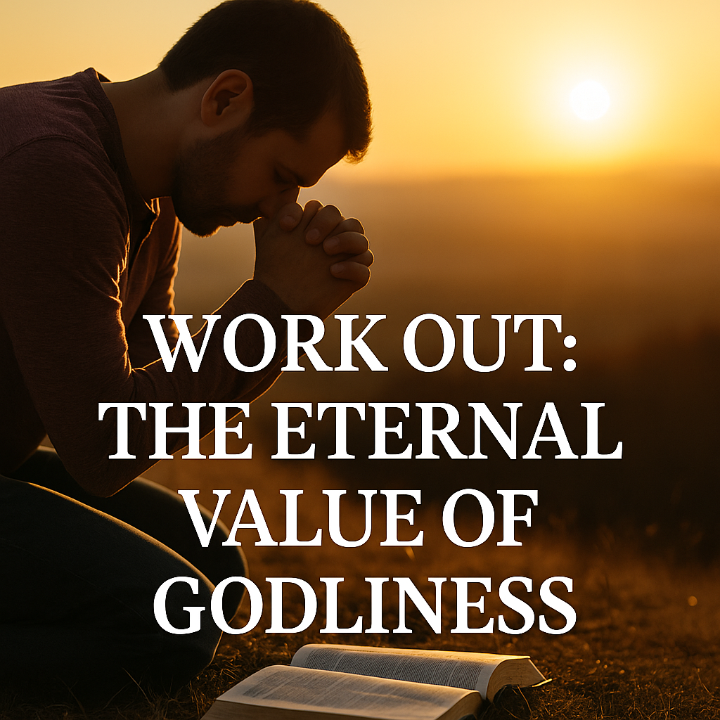 A man kneels in prayer beside an open Bible at sunrise, hands clasped, with warm light casting a peaceful glow. Overlaid text reads, “WORK OUT: THE ETERNAL VALUE OF GODLINESS.