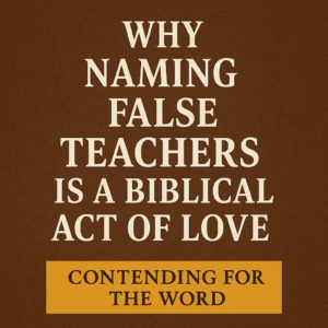 Text-based graphic with a brown parchment-style background. Bold white capital letters read: ‘Why Naming False Teachers Is a Biblical Act of Love.’ Below, a gold banner contains the black text: ‘Contending for the Word.