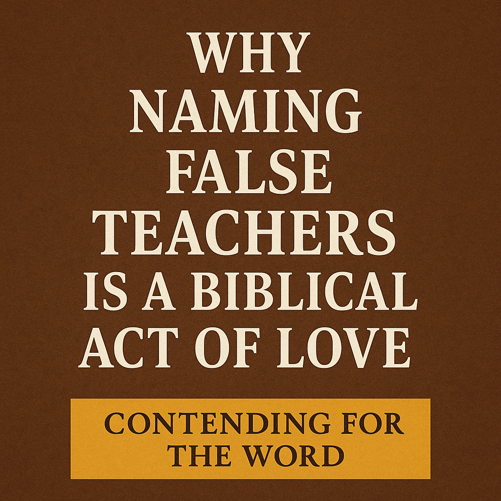 Text-based graphic with a brown parchment-style background. Bold white capital letters read: ‘Why Naming False Teachers Is a Biblical Act of Love.’ Below, a gold banner contains the black text: ‘Contending for the Word.
