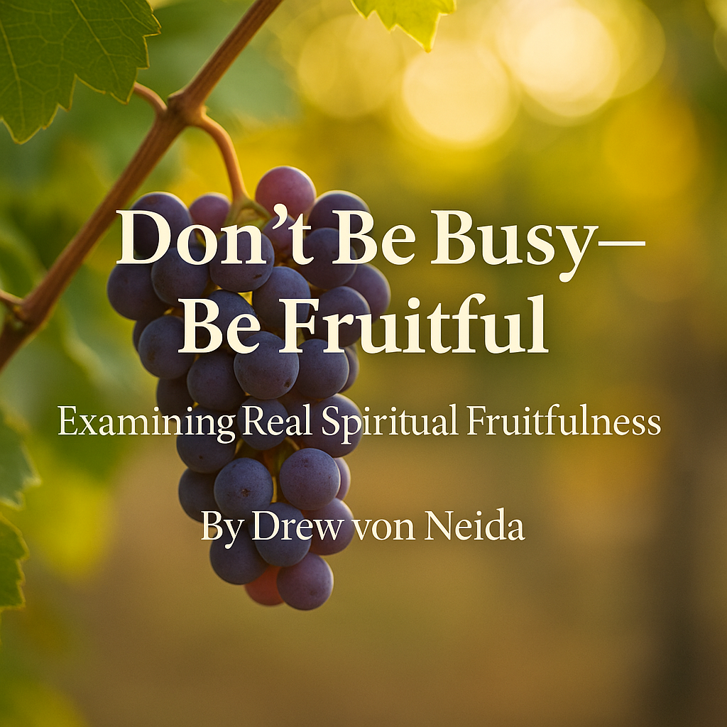 Cluster of ripe purple grapes hanging on a vine in warm golden sunlight, with overlaid text reading “Don’t Be Busy—Be Fruitful: Examining Real Spiritual Fruitfulness by Drew von Neida.