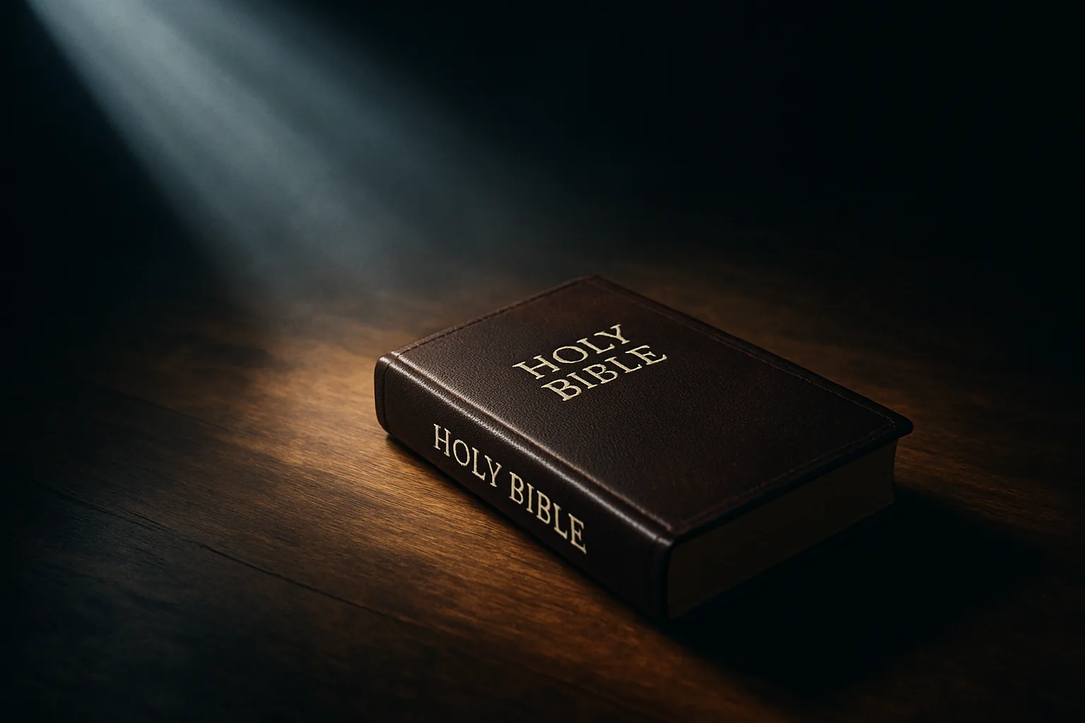 Closed Holy Bible resting on a wooden surface with dramatic light shining across the cover, symbolizing the authority and clarity of God's Word.