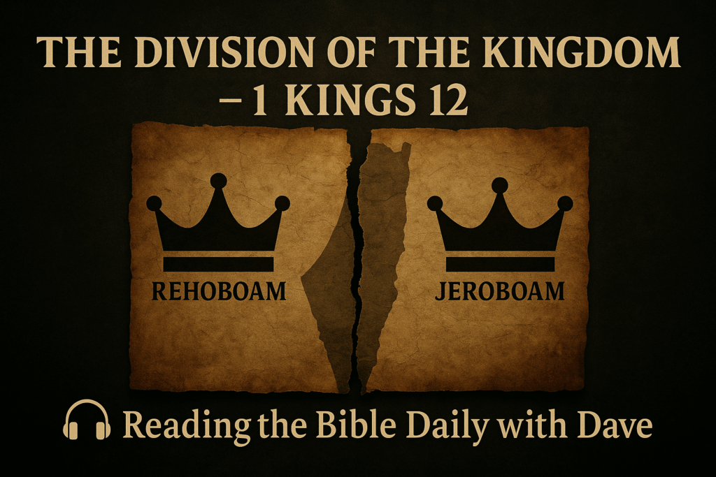 Graphic for a Bible study on 1 Kings 12 showing a torn parchment map symbolizing the division of the kingdom of Israel. Two crowns are labeled 'Rehoboam' and 'Jeroboam' on opposite sides of the tear. Title reads 'The Division of the Kingdom – 1 Kings 12' with 'Reading the Bible Daily with Dave' at the bottom alongside a headphone icon.