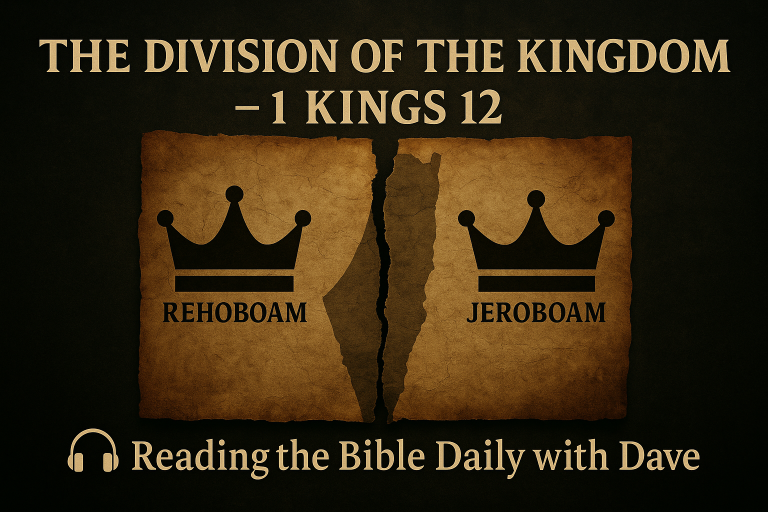 Graphic for a Bible study on 1 Kings 12 showing a torn parchment map symbolizing the division of the kingdom of Israel. Two crowns are labeled 'Rehoboam' and 'Jeroboam' on opposite sides of the tear. Title reads 'The Division of the Kingdom – 1 Kings 12' with 'Reading the Bible Daily with Dave' at the bottom alongside a headphone icon.