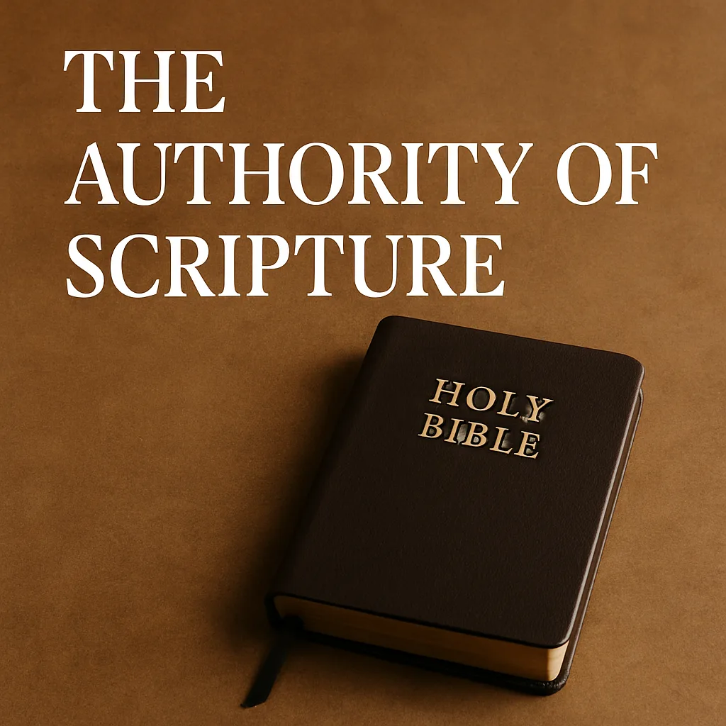 Closed leather-bound Bible with gold "HOLY BIBLE" text on the cover, resting on a warm brown background. To the left, bold white serif text reads “THE AUTHORITY OF SCRIPTURE,” with the Anchored in the Word logo in the upper right corner.