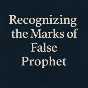 The phrase “Recognizing the Marks of a False Prophet” displayed in bold serif font on a dark blue textured background, centered and clean.