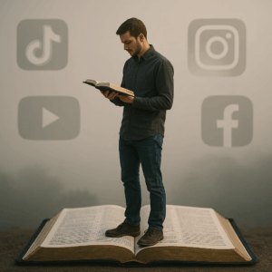 Alt text: Young man standing on an open Bible in a foggy landscape, reading Scripture while faded social media icons float around him, symbolizing biblical discernment in a digital age.