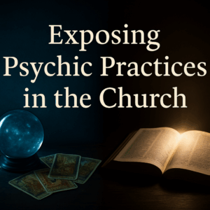 A digital graphic with the title ‘Exposing Psychic Practices in the Church’ centered in bold serif font. On the left side is a glowing crystal ball and scattered tarot cards under cool blue light. On the right is an open Bible glowing with warm golden light, symbolizing the contrast between occult deception and biblical truth.