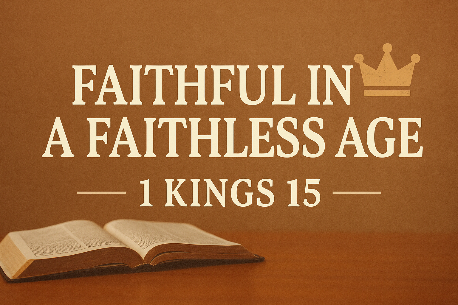 Open Bible on a wooden table with the text 'Faithful in a Faithless Age – 1 Kings 15' in bold cream serif font on a warm brown background, accompanied by a simple crown graphic.