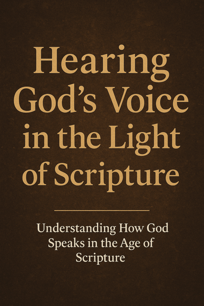 Brown textured background with gold serif text reading "Hearing God’s Voice in the Light of Scripture" and smaller white serif subtitle "Understanding How God Speaks in the Age of Scripture" centered below.