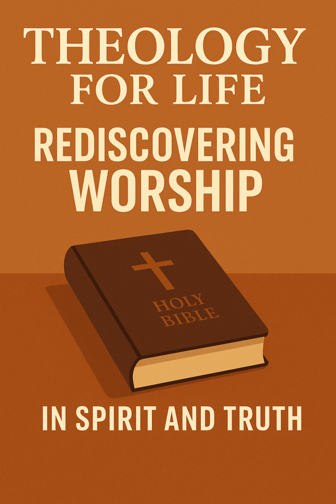 Theology for Life magazine cover with the title “Rediscovering Worship” and subtitle “In Spirit and Truth,” featuring an illustration of a closed dark brown Holy Bible with a gold cross on the cover, set against a warm burnt-orange background.