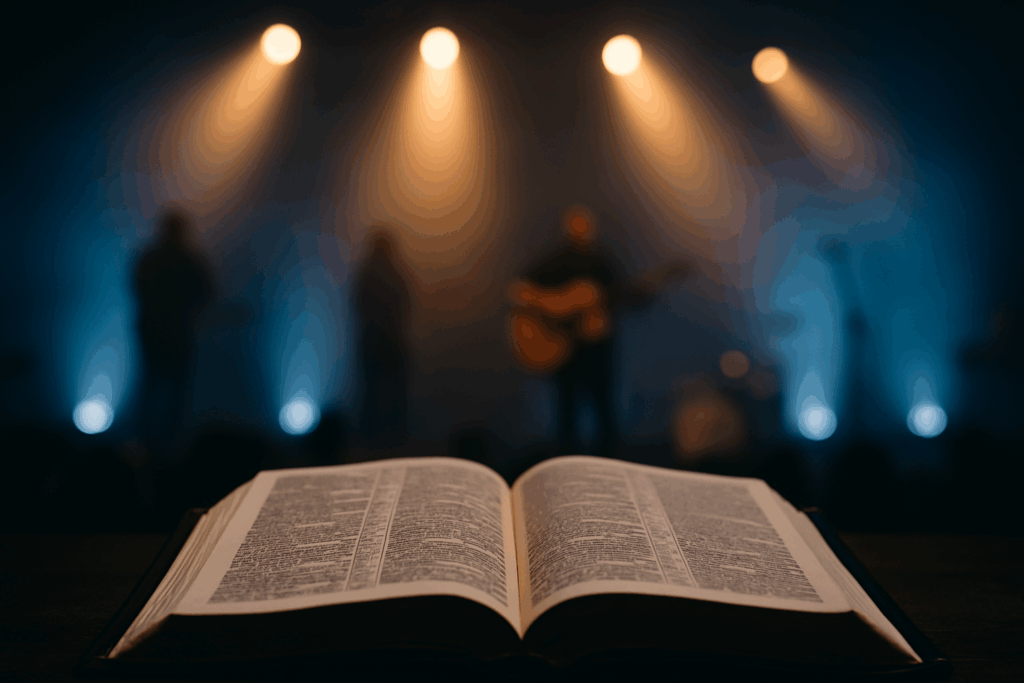 Open Bible in sharp focus on a dark stage, with blurred worship band silhouettes and warm stage lights in the background, symbolizing Scripture over emotional experience.
