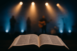 Truth in Worship: Discernment, Theology, and the Songs We Sing 6 Open Bible in sharp focus on a dark stage, with blurred worship band silhouettes and warm stage lights in the background, symbolizing Scripture over emotional experience.
