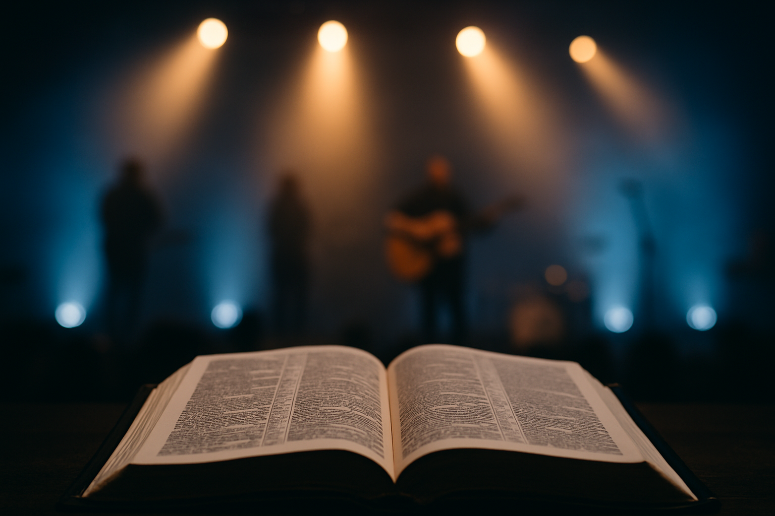 Open Bible in sharp focus on a dark stage, with blurred worship band silhouettes and warm stage lights in the background, symbolizing Scripture over emotional experience.