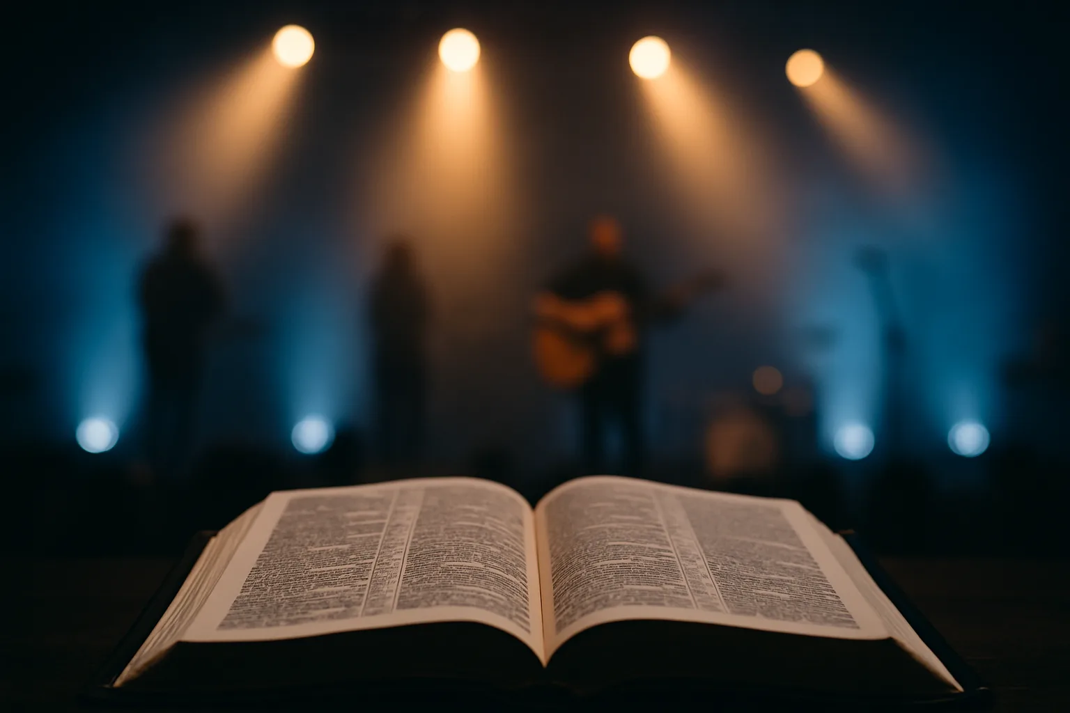 Open Bible in sharp focus on a dark stage, with blurred worship band silhouettes and warm stage lights in the background, symbolizing Scripture over emotional experience.