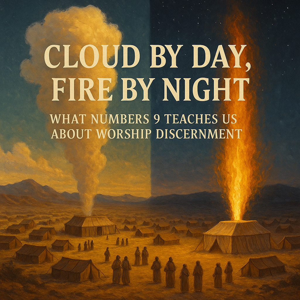 Illustration of the Israelite camp in the wilderness with the tabernacle at the center, showing a pillar of cloud rising by day on the left and a pillar of fire glowing by night on the right, symbolizing God’s presence and guidance from Numbers 9.