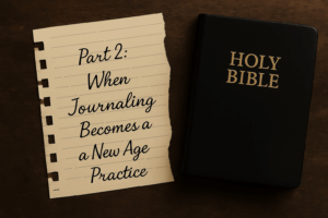 Torn piece of lined notebook paper with the handwritten title “Part 2: When Journaling Becomes a New Age Practice” placed beside a closed black leather Holy Bible with gold lettering on a dark wooden table.