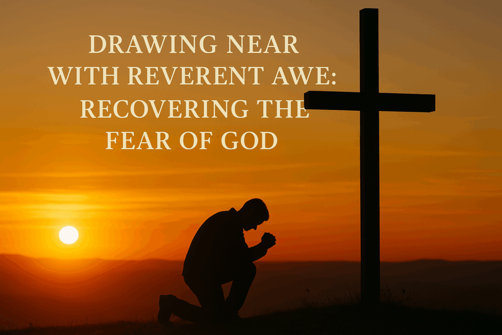 Silhouette of a person kneeling in prayer before a wooden cross at sunrise, symbolizing reverent awe, submission, and the fear of God.