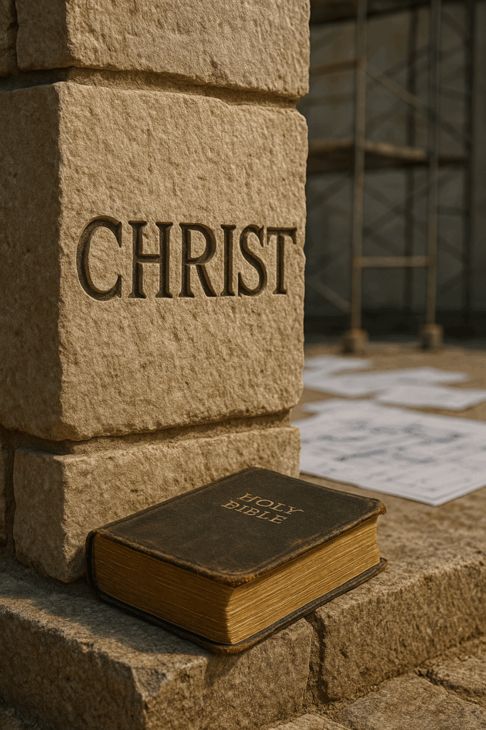 Stone cornerstone engraved with the word “CHRIST,” with a worn Holy Bible resting at its base and architectural blueprints in the background, symbolizing the unshakable foundation of the Church in Christ alone (Ephesians 2:20).