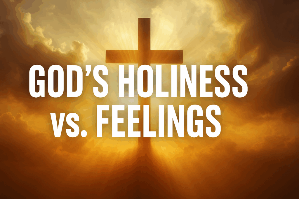 Silhouette of a cross glowing with radiant golden light in the sky, with bold white text reading ‘God’s Holiness vs. Feelings,’ symbolizing the contrast between trusting God’s holiness and relying on emotions.