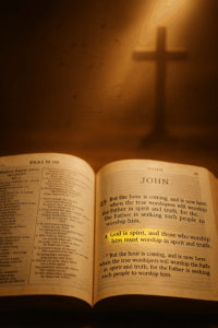 Truth in Worship: Discernment, Theology, and the Songs We Sing 4 Open Bible displaying John 4:23–24 highlighted, with the words “God is spirit, and those who worship him must worship in spirit and truth” illuminated, set against a warm background with a soft-focus cross and musical notes in the distance.