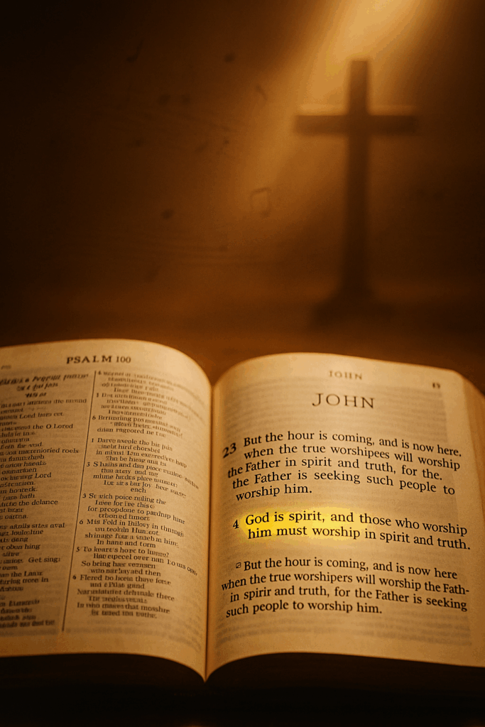 Open Bible displaying John 4:23–24 highlighted, with the words “God is spirit, and those who worship him must worship in spirit and truth” illuminated, set against a warm background with a soft-focus cross and musical notes in the distance.