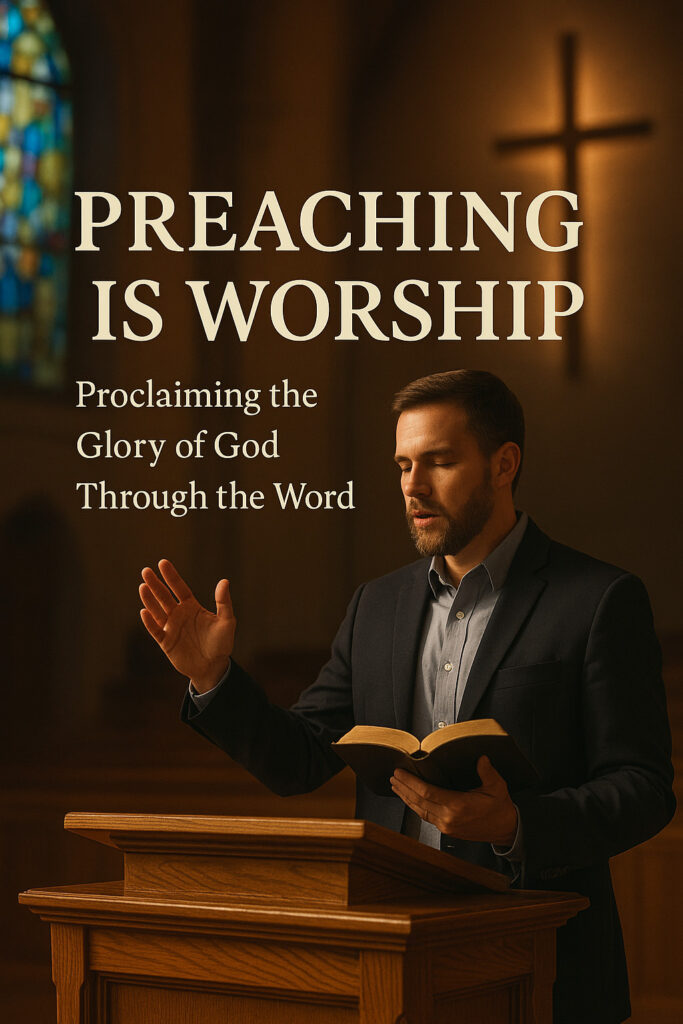 A man in a suit stands behind a wooden pulpit inside a church, holding an open Bible in one hand and raising the other hand in a preaching gesture. Behind him, a blurred cross is visible on the wall along with stained glass windows. Overlaid text reads, “PREACHING IS WORSHIP — Proclaiming the Glory of God Through the Word.”