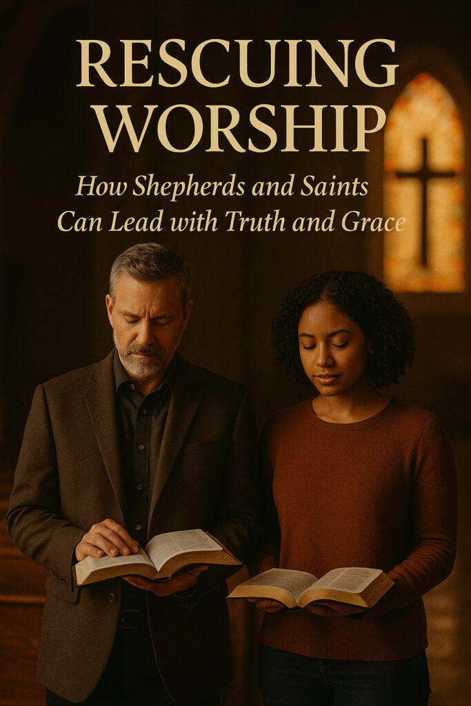 Middle-aged man in a brown suit and younger woman in a brown sweater stand side by side in a softly lit church, holding open Bibles and bowing their heads in prayer. Text above reads: 'Rescuing Worship – How Shepherds and Saints Can Lead with Truth and Grace.' A glowing cross-shaped stained glass window is blurred in the background.