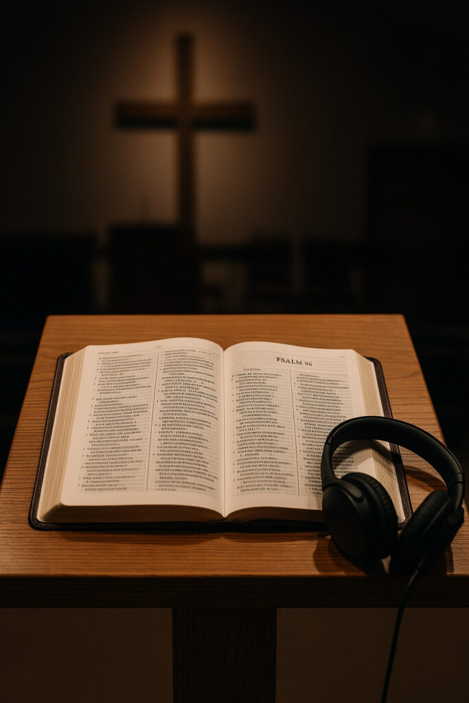 An open Bible on a wooden pulpit displaying Psalm 96, with black over-ear headphones resting beside it. In the softly lit background, a large wooden cross is blurred in focus, creating a warm and reverent atmosphere.