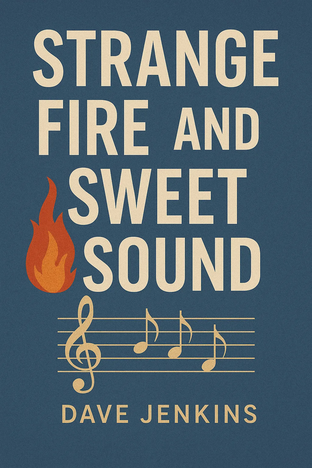 Book cover for Strange Fire and Sweet Sound by Dave Jenkins. The background is dark blue with bold, cream-colored text. A small red-orange flame graphic appears next to the word "FIRE." Below the title, there is a gold treble clef and musical notes on a staff, with the author’s name in gold capital letters at the bottom.