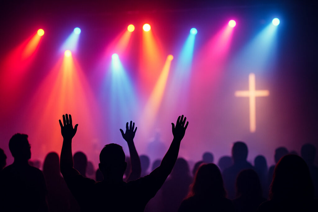 Silhouette of a worship gathering with people raising their hands, illuminated by colorful stage lights in red, orange, blue, and purple, with a glowing cross projected in the background.