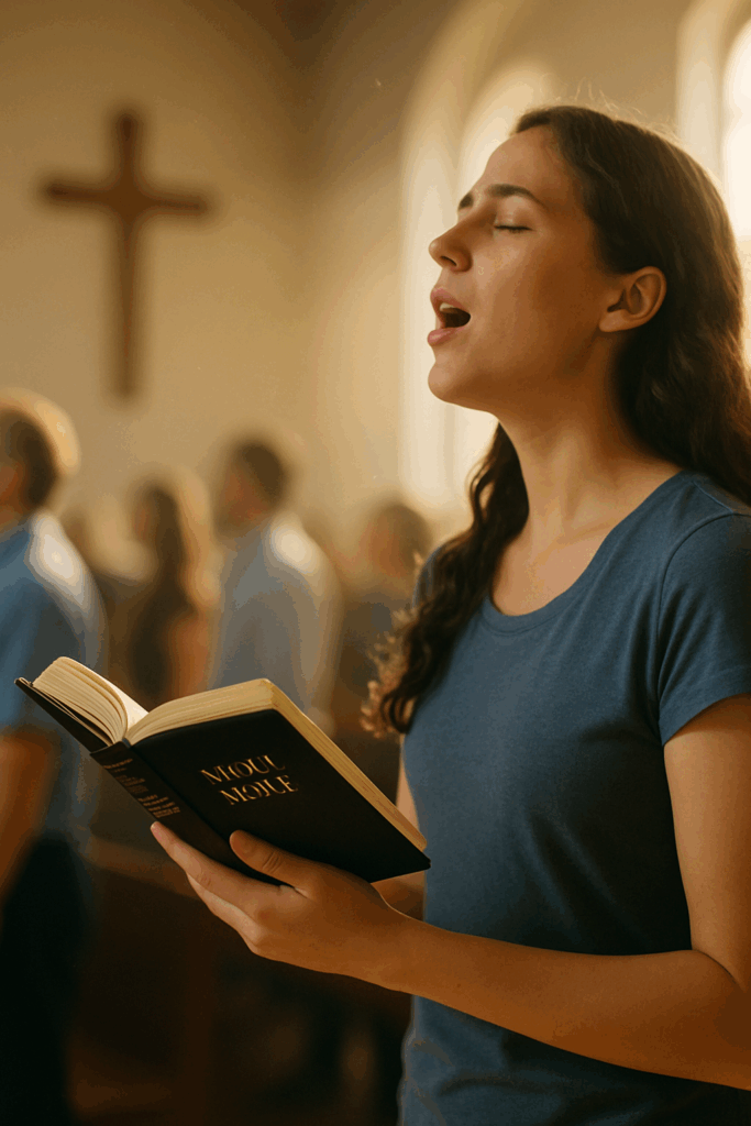 A woman in a church, eyes closed, singing from a hymnal during worship, with a wooden cross in the background.