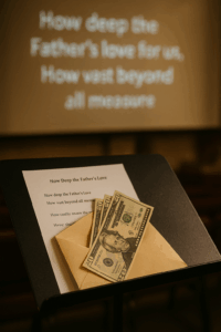 Photograph of a music stand holding a printed lyric sheet of “How Deep the Father’s Love.” An envelope and several US dollars (including a $20 bill) rest on top. A blurred projection in the background shows the hymn’s title and opening lines.