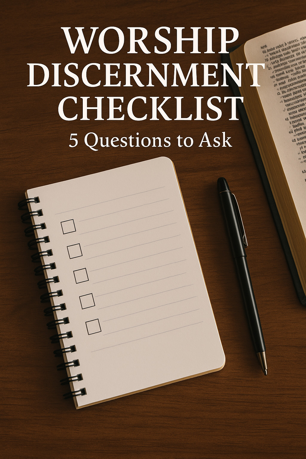 Flat lay of a wooden desk with an open Bible in the top right corner, a spiral-bound notebook with five empty checkbox lines, and a black pen. Text above reads: 'Worship Discernment Checklist – 5 Questions to Ask' in white capital letters.