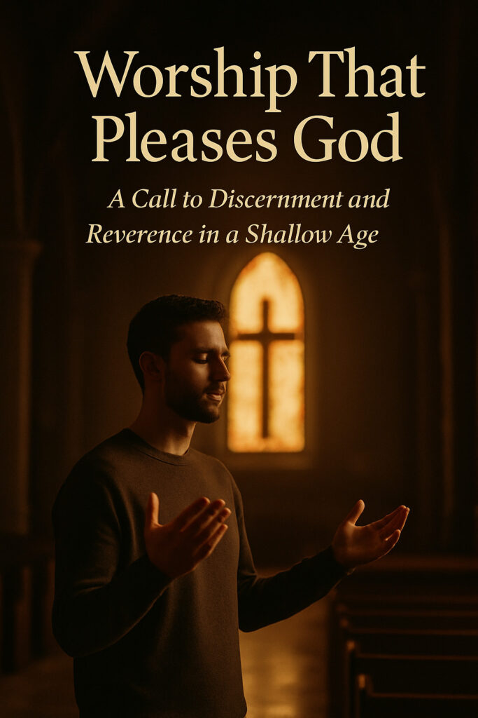 A man stands in a dimly lit church with his eyes closed and hands raised in prayer, a warm light from a cross-shaped stained glass window glowing behind him. Text above reads, "Worship That Pleases God: A Call to Discernment and Reverence in a Shallow Age.