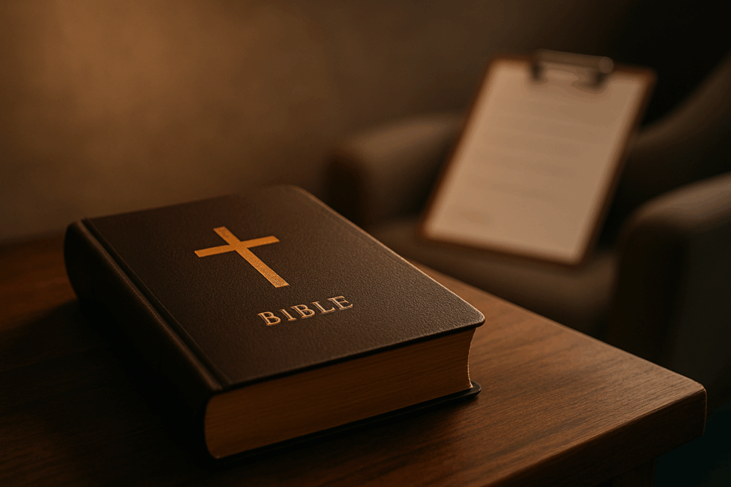 Closed leather Bible with a gold cross on the cover resting on a wooden desk, with a blurred counseling clipboard in the background, lit by warm light.