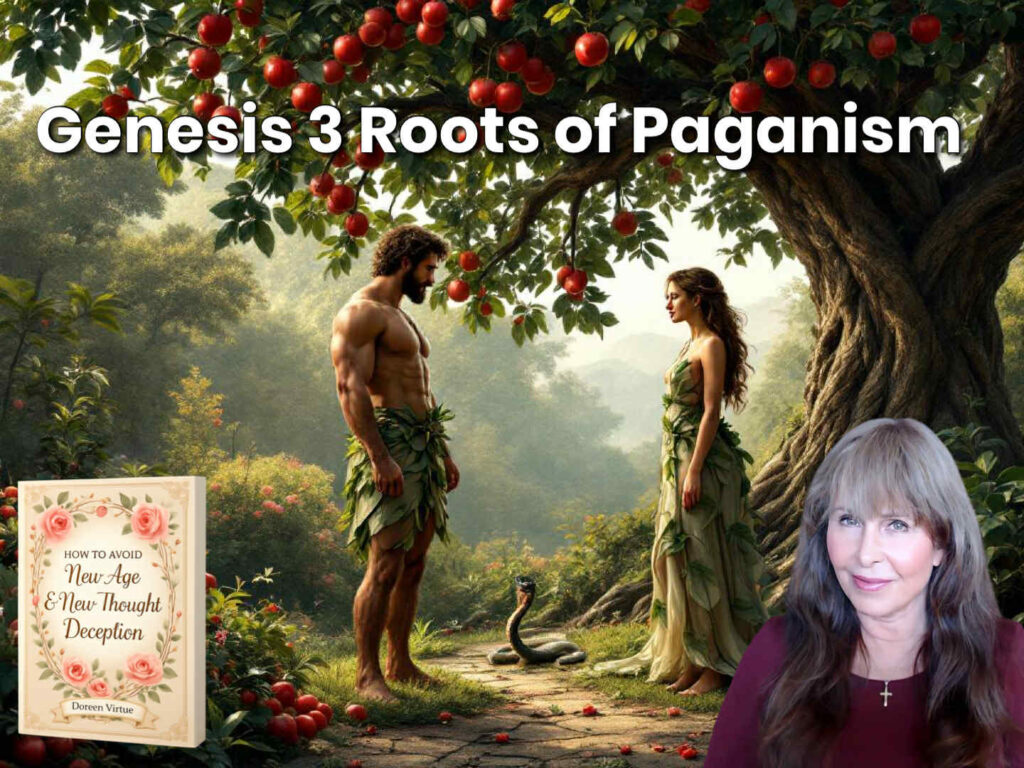 Adam and Eve beneath a fruit-laden tree with the serpent at their feet, overlaid title “Genesis 3 Roots of Paganism,” a book cover, and an author portrait in the corner.