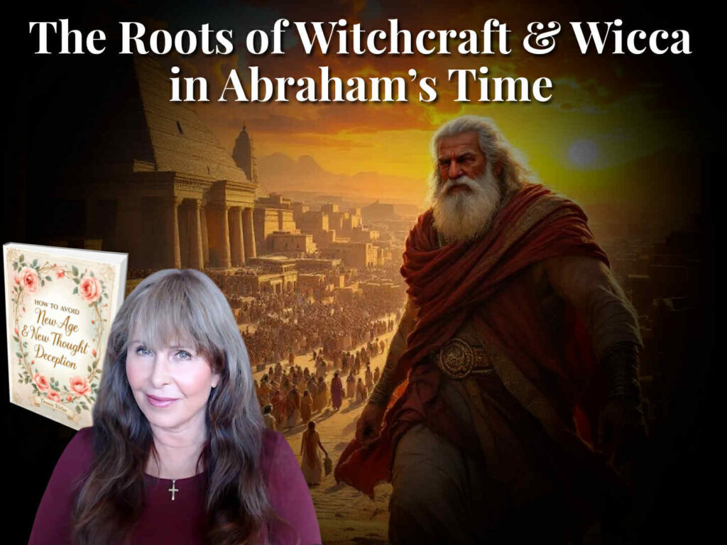 Image of Abraham’s journey past temple ruins with Doreen Virtue’s portrait and her book 'How to Avoid New Age & New Thought Deception' superimposed.