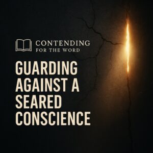 Dark cracked wall with a bright golden light breaking through a narrow fracture, featuring the Contending for the Word logo and the title 'Guarding Against a Seared Conscience' in bold cream text.
