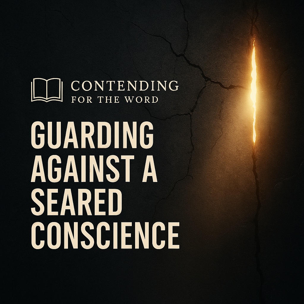 Dark cracked wall with a bright golden light breaking through a narrow fracture, featuring the Contending for the Word logo and the title 'Guarding Against a Seared Conscience' in bold cream text.