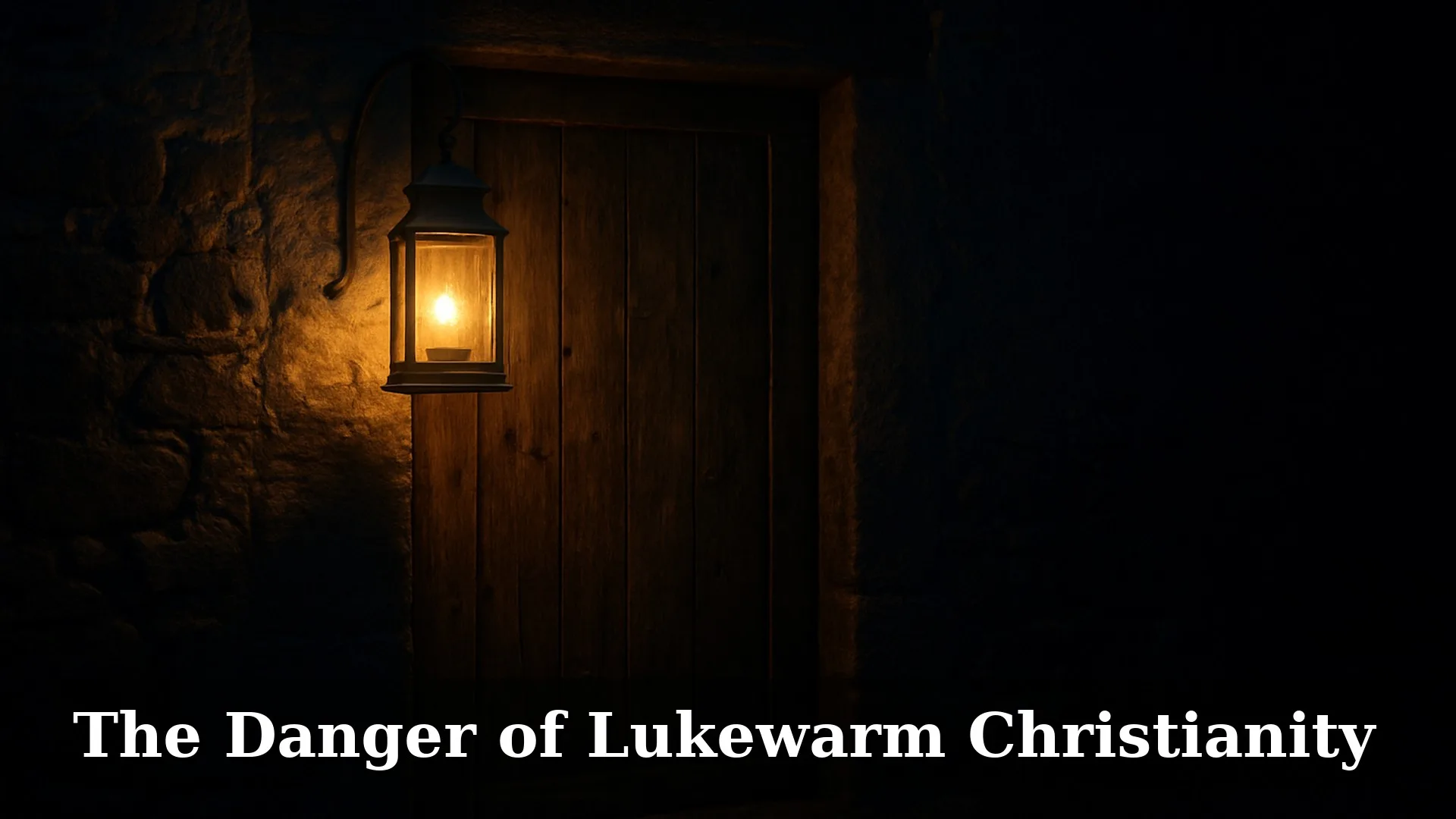 Lantern glowing beside an old, handle-less wooden doorway at night, evoking Christ’s call to Laodicea (Revelation 3:20).